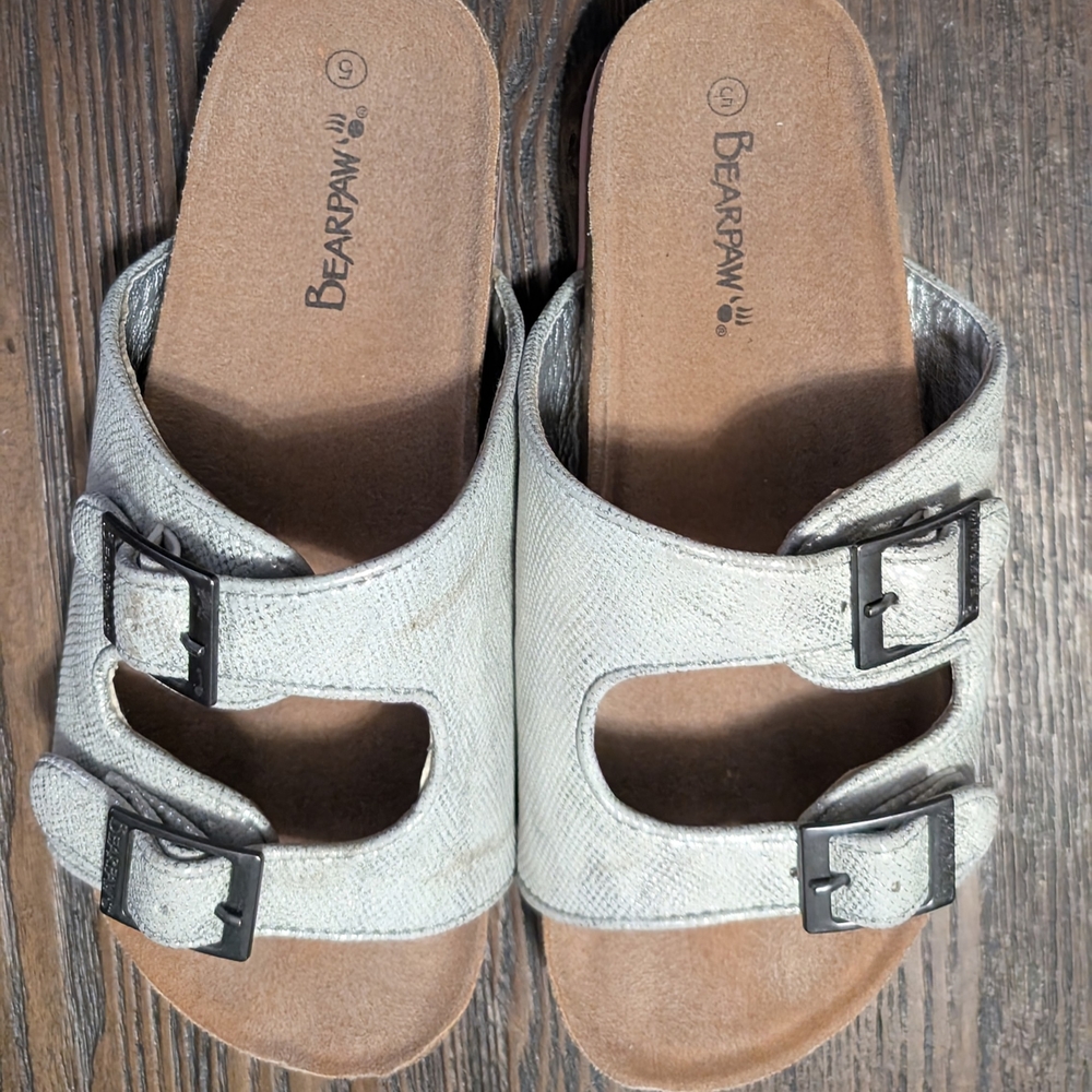 BearPaw Women's Double Buckle Slide Sandals in Metallic Silver